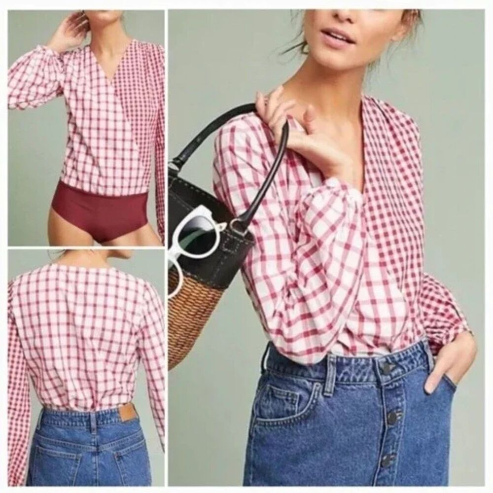 Anthropologie Pink and White Gingham Wrap Bodysuit